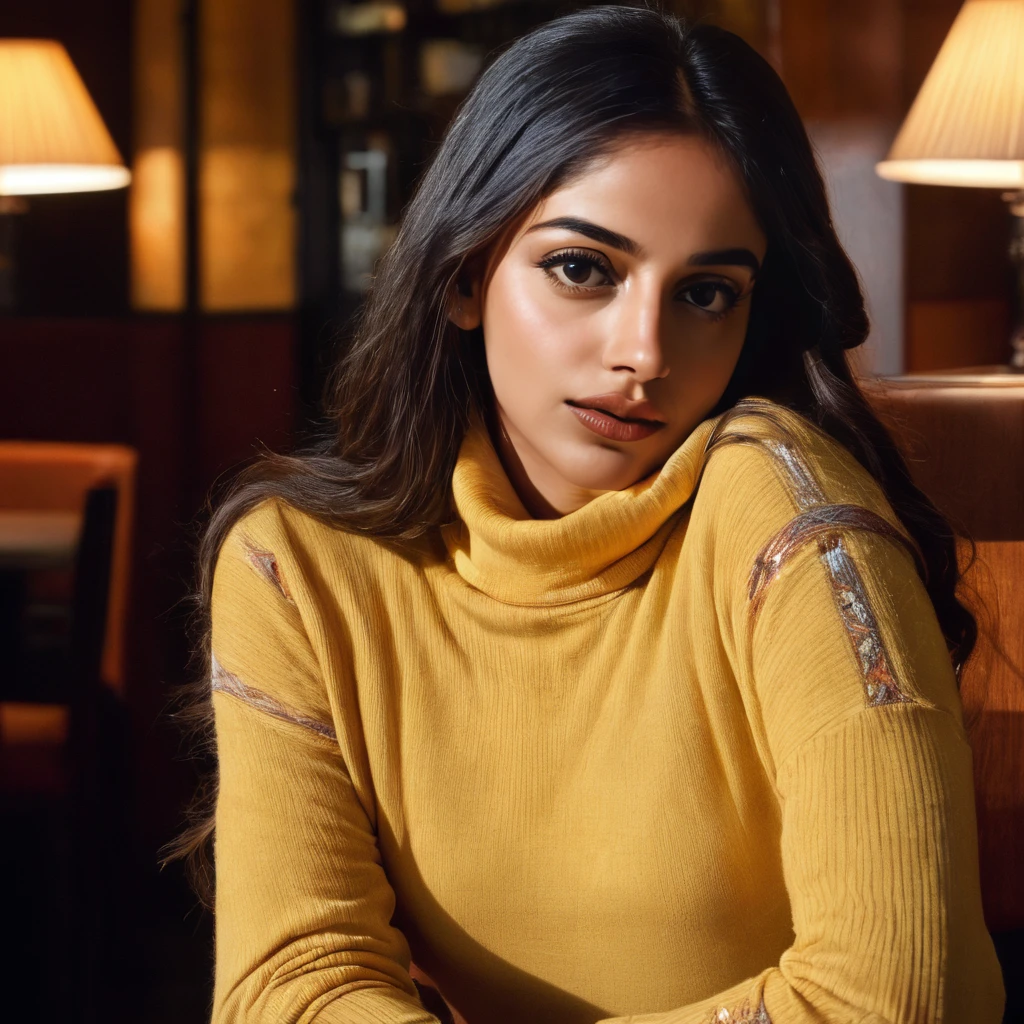 banita_sandhu, <lora:BanitaSandhuXL:1>, portrait, close up, solo,long hair,shirt,black hair,long sleeves,sitting,parted lips,solo focus,striped,indoors,sweater,turtleneck,chair,looking away,table,striped shirt,realistic,lamp,bar (place),restaurant,cafe, ((perfect eyes, detailed eyes,realistic eyes)), (masterpiece, best quality, ultra-detailed, best shadow), high contrast, (best illumination), ((cinematic light)), colorful, hyper detail, dramatic light, intricate details, (1 girl, solo) , ultra detailed artistic photography, dreamy, backlit, shadows, ultra high definition, 8k, ultra sharp focus, ultra high quality model, soft lighting, film photography, analogue photography, hyperrealism,, ((sharp face, detailed face, realistic face, naturtal skin, realistic skin, detailed skin, pores))