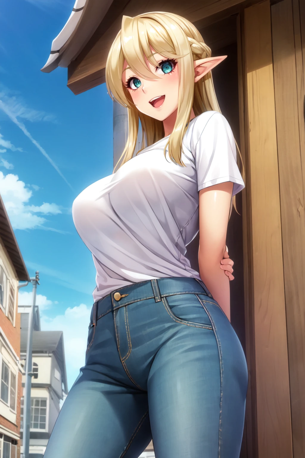 (high quality,Very detailed:1.37, High resolution), Woman, Samus Aran, (jeans:1.5), ponytail, large breasts, (wetting herself:2.0), (standing:1.5), embarrassed, humiliation, (sweating:1.5), (blushing:1.5), Meticulous details, (extremely detailed eyes:1.37)