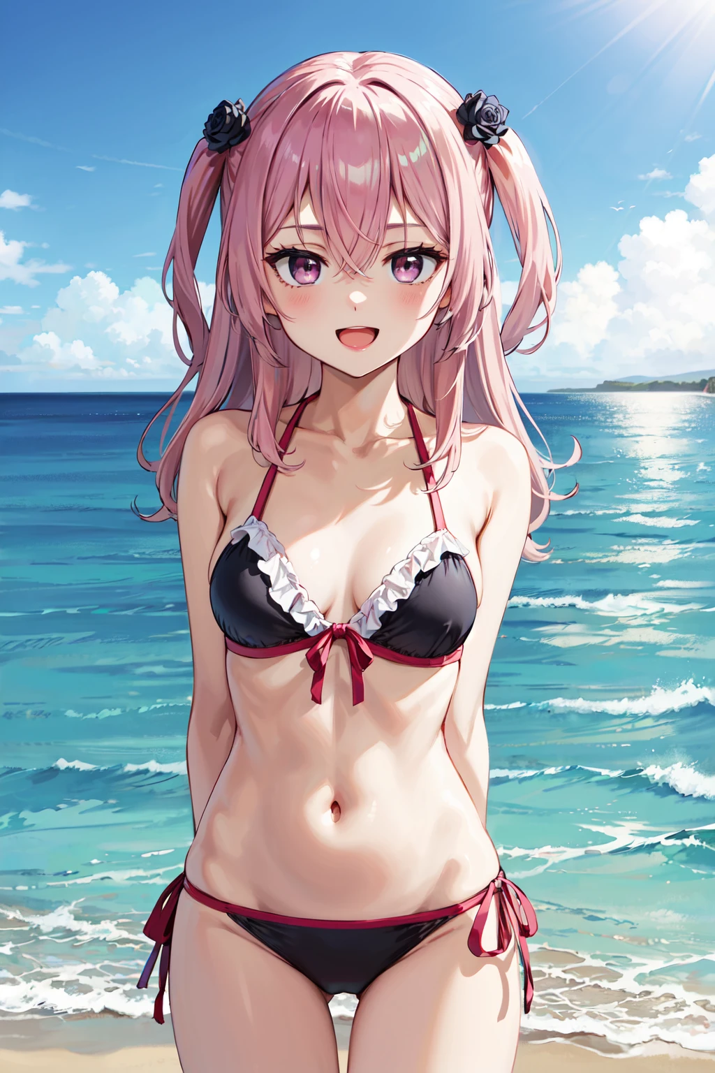 masterpiece,best quality,highres,ultra-detailed,aasajuna,pink eyes,purple eyes,pink hair,long hair,two side up,hair between eyes,bangs,hair flower,black rose,<lora:inui_sajuna:0.7>,standing,ocean,:d,bikini,arms_behind_back,