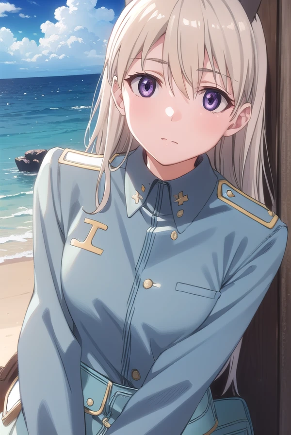 eilailmatarjuutilainen, <lora:eila ilmatar juutilainen anime-lora-nochekaiser:1>,
eila ilmatar juutilainen, long hair, (purple eyes:1.1), blonde hair, animal ears, fox ears, fox girl,
BREAK uniform, military, military uniform,
BREAK outdoors, ship, ocean, sun, sky, clouds,
BREAK looking at viewer, (cowboy shot:1.5),
BREAK <lyco:GoodHands-beta2:1>, (masterpiece:1.2), best quality, high resolution, unity 8k wallpaper, (illustration:0.8), (beautiful detailed eyes:1.6), extremely detailed face, perfect lighting, extremely detailed CG, (perfect hands, perfect anatomy),