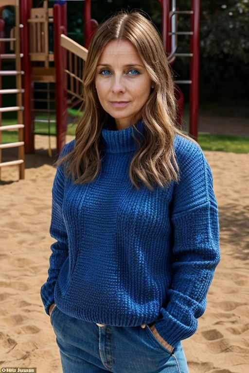 blue eyes<lora:Louise_Redknapp:1> 40 year old woman, l1873r, 1girl, solo, masterpiece, best quality, detailed face, Melon jumper, playground