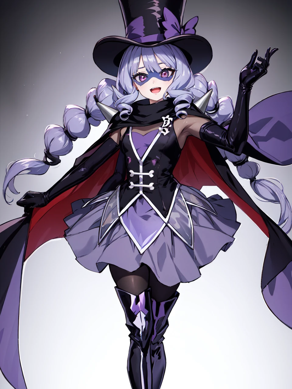 masterpiece, best quality, looking at viewer, depth of field, standing, full body, open mouth,
1girl, <lora:locon_gentlu_01:0.9>, gentlu, drill hair, cape, see-through sleeves, mask, domino mask, top hat, grey skirt, thigh boots, black pantyhose, long sleeves, 
smile, ((gradient background)), lens flare,