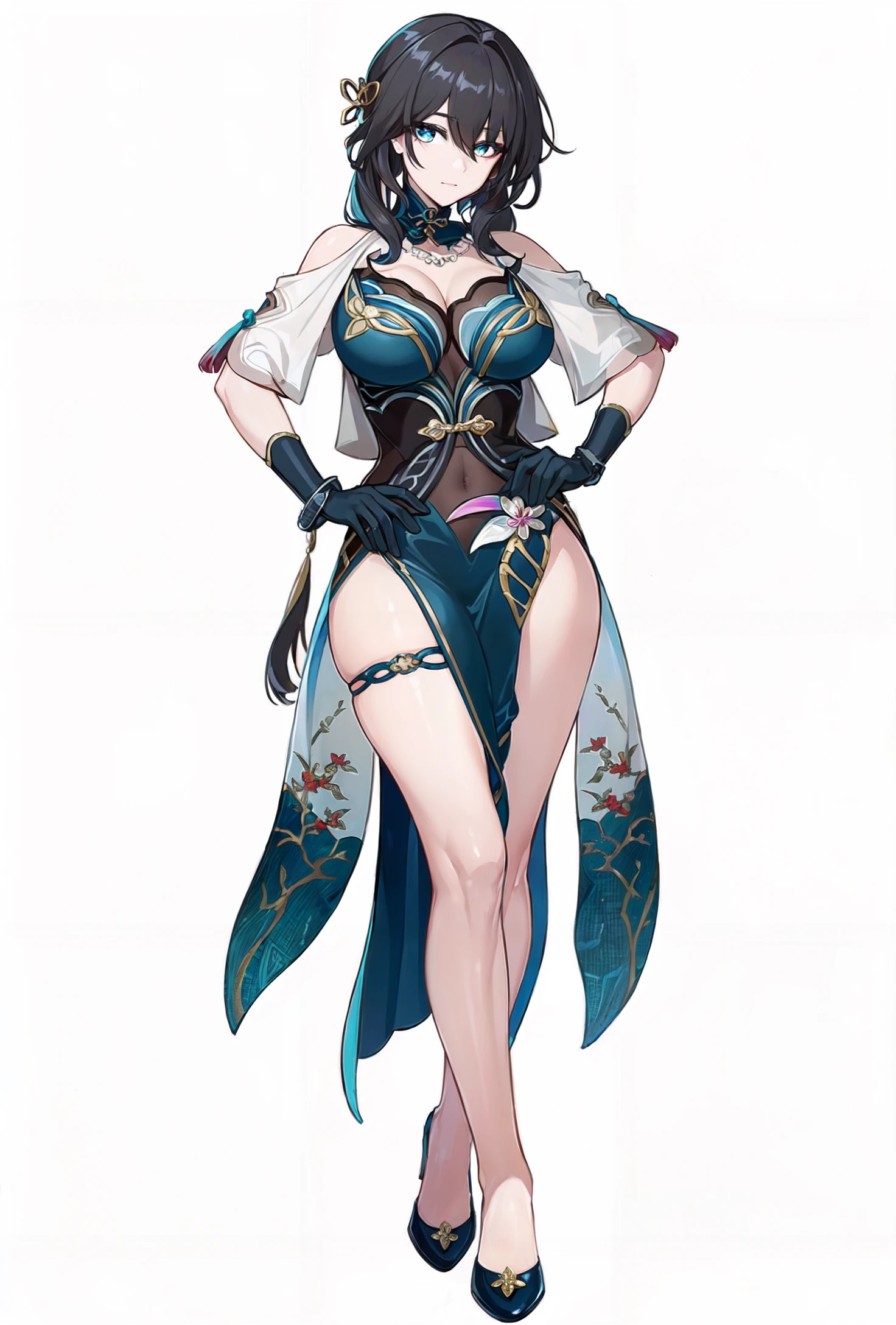 girl, solo, full body, from head to toe, standing, (Huge_Breasts:1.3),

Character Design Sheet, character reference sheet, character turn around,

xiangling \(genshin impact\),

1girl,blue hair,short hair,thick eyebrows,hairclip,hair rings, braid,yellow eyes,bow,glove,chinese clothes, sleeveless,bare shoulders, pelvic curtain,belt,