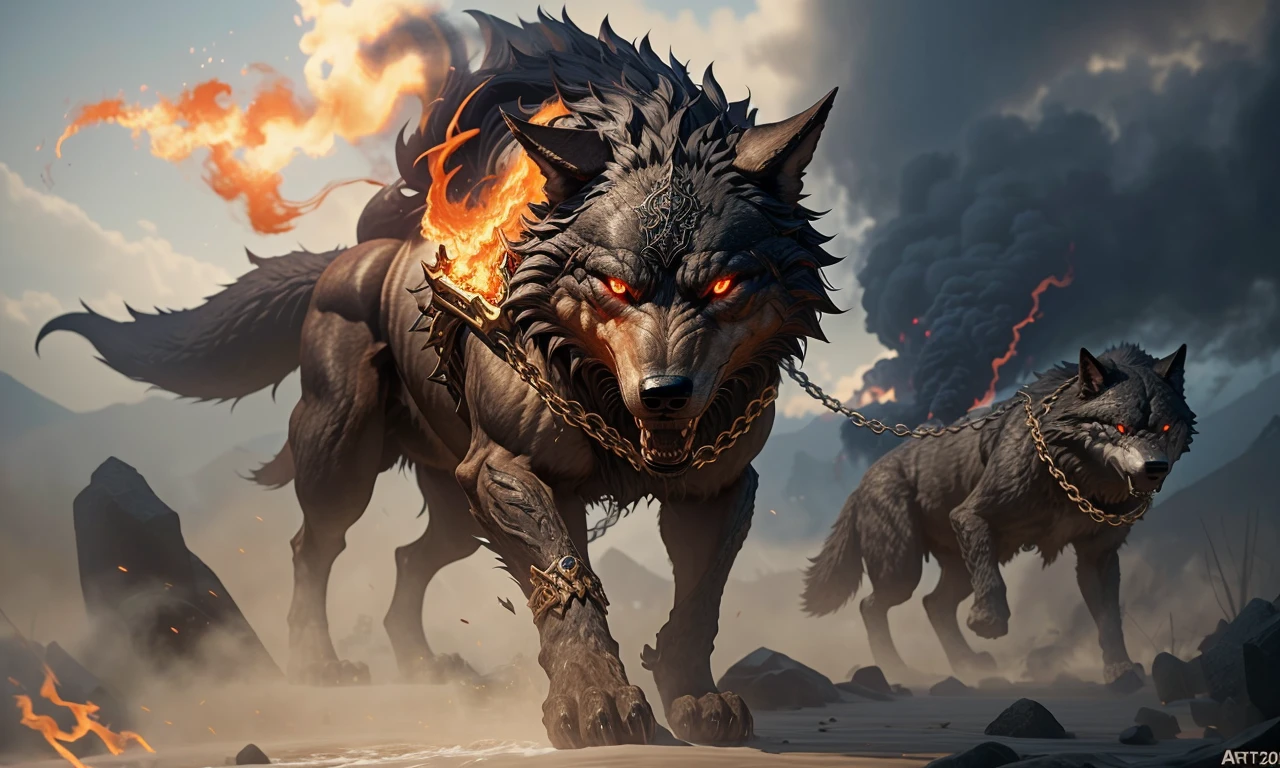 fenrir2023, giant wolf, smoke, fog, flames, Ragnarok, gold chains, glowing eyes, sharp teeth, fantasy setting, 8k, uhd, masterpiece, detailed, chained, trending on artstation,4 legs, Vikings in foreground,