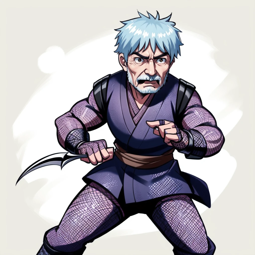 <lora:chainmail_v1:0.5>, chainmail, (old man:1.5), (fishnets:1.5), long sleeves, black kimono, fishnet bodysuit, kunai, ninja gloves