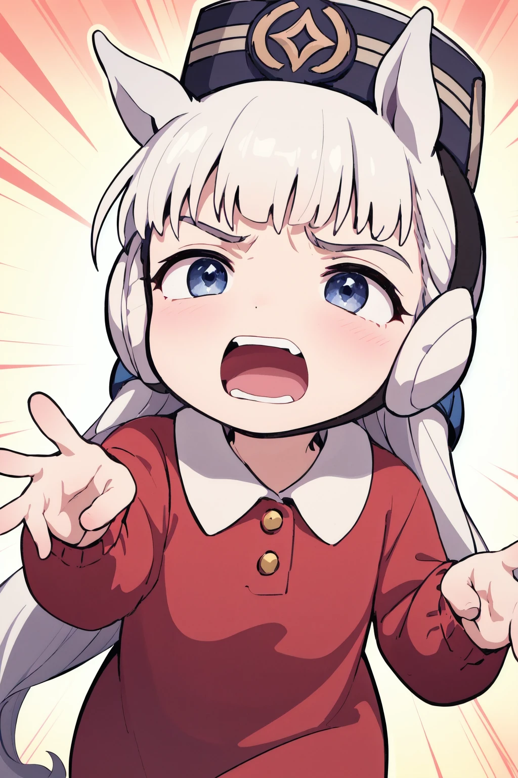 <lora:0 GLCgolushichan:1>,gorushichan,silver hair,hat,gold ship (umamusume),chibi,costume,red dress,a very young child,screaming,shouting,running,