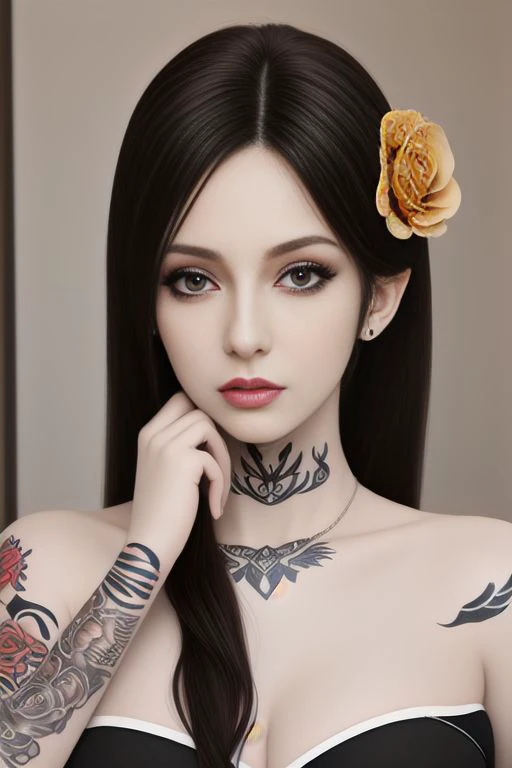 1girl,tattoo,flower,solo,yellow_rose,black_hair,flower,shoulder_tattoo,realistic,hair_ornament,<lora:]\qN:1>,suneate,luxray,