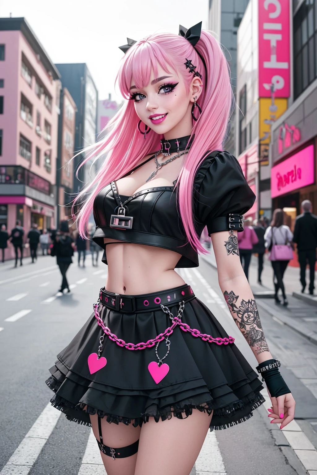 ((Masterpiece, best quality,edgQuality)),
smiling,excited,
edgPastelGoth,pink,neon colored, a woman in a black outfit and a chain skirt ,wearing edgPastelGoth
<lora:edgPastelGothFashionv1:0.8>