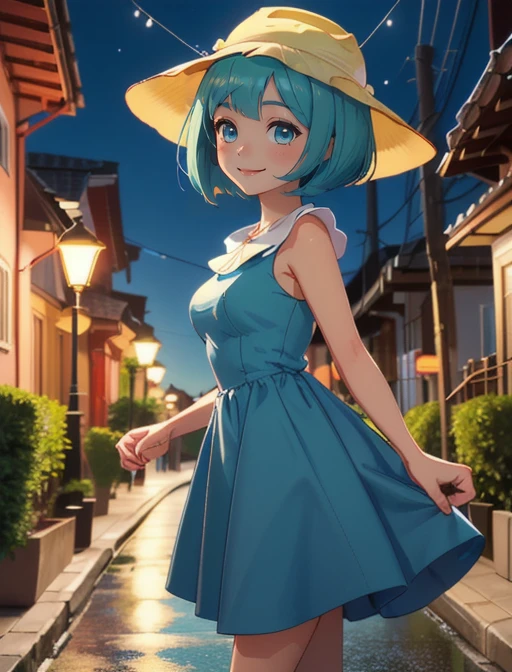best quality, masterpiece, highres, detailed, digital artwork, <lora:Detail - add_detail:0.2>, MintPop, aqua hair, bob cut, blue dress, white collar, yellow hat, <lora:Character - MintPop:0.8>, walking, from side, night, streets, lamppost, close-up, smile, mature woman,