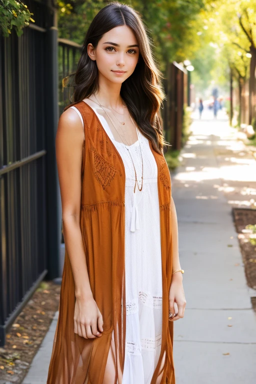 boho vest, long vest, girl, standing, white sundress, huge breasts, front view, dark hair, in park, mid-day time, alley in background, serious face, <lora:Boho vest:0.8>, <lora:weight_slider_v1:-1>