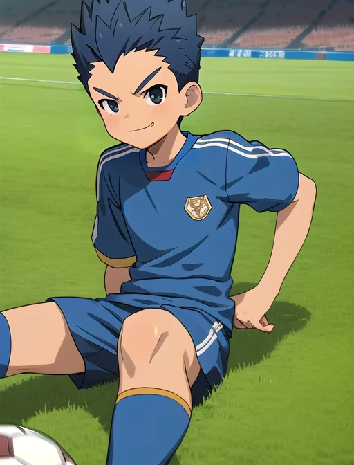 best quality, masterpiece, highres, detailed, digital illustration, <lora:Detail - add_detail:0.2>, 1boy, soccer uniform, ToramaruUtsu, blue hair, spiked hair, smug, japanese boy, <lora:Character - ToramaruUtsu:0.8>, field, soccer,