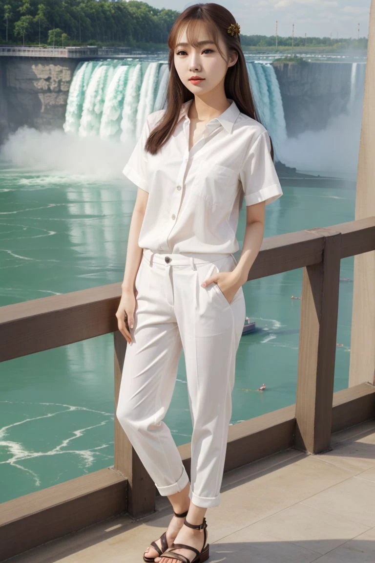 <lora:aniki_lin_obj20:0.5 >, full_body, standing, sandals, (shirt), pants, (niagara falls), (aniki_lin: 1.2), perfect face, (contact iris: 1.1), pale skin, skin pores , depth of field