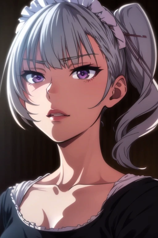 ((extremely realistic shading, masterpiece, extremely detailed, photorealistic)) <lora:xingli-10:0.9>Silver short hair, purple eyes, maid attire, white stockings