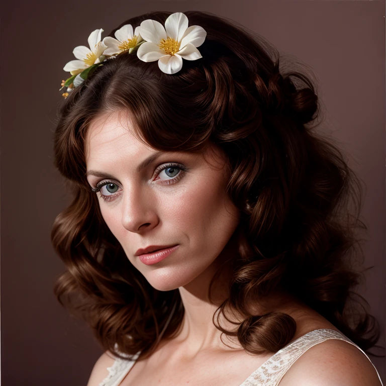 Hyperrealistic art of <lora:Kay Parker SD1.5:1.2> Kay Parker
a woman with a flower in her hair retro style, Extremely high-resolution details, photographic, realism pushed to extreme, fine texture, incredibly lifelike