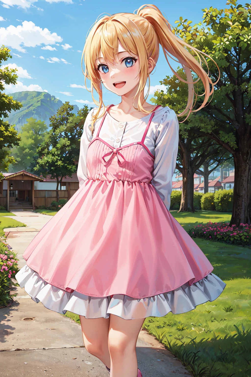 Focus on the person. We create and express the best shining composition of the person. ((Masterpiece)), (((highest quality)))), ((Ultra detail)), (Ultra realistic), (Highly detailed CG illustrations), (Very delicate and beautiful), Girls as masterpieces, highest quality, realistic skin, realistic fabrics, realist illustrations focusing on girls with realistic and ultra-detailed eyes in the center front. This is the absolute rule, and the following sentence expresses the image quality. It is the greatest masterpiece in the history of the class of Inuitsuki Ichigo, in which the owner of the greatest painting talent in human history met an unparalleled beauty and risked his life to depict the most beautiful figure. Create stunning anime artwork that is currently trending on seaStation, showcasing exquisite beauty and captivating aesthetics.
"Create an attractive image featuring two pretty sisters. The composition should create an atmosphere of high fashion, portraying the sisters as attractive models, radiating irresistible charm.
Her older sister, Emily, is a short, girl with long blonde hair with loose curls running down her back. Her charming blue eyes shimmer mischievously and her rosy cheeks add innocence to her overall appearance. Emily wears a pastel pink knee-length dress with a delicate lace pattern. The dress has a slim bodice that emphasizes her slender figure, and a flared skirt adds playfulness to her ensemble. She also wears delicate silver heels that perfectly complement her outfit.
My sister Lily is a pretty cherub with short curly hair that surrounds her face. Her big round hazel eyes are full of curiosity, and her dimple smile radiates pure joy. Lily wears a bright yellow sundress with a floral print that reflects her lively personality. The dress has a twily skirt that sways with each step she takes, which is matched with white sneakers decorated with colorful ribbons.
The setting of the image is a picturesque garden with abundant flowers and lus