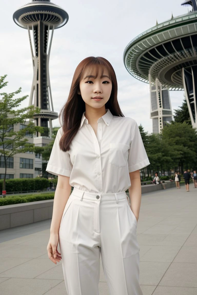 <lora:aniki_lin_obj20:0.5 >, full_body, standing, sandals, (shirt), pants, (seattle space needle), (aniki_lin: 1.2), perfect face, (contact iris: 1.1), pale skin, skin pores , depth of field