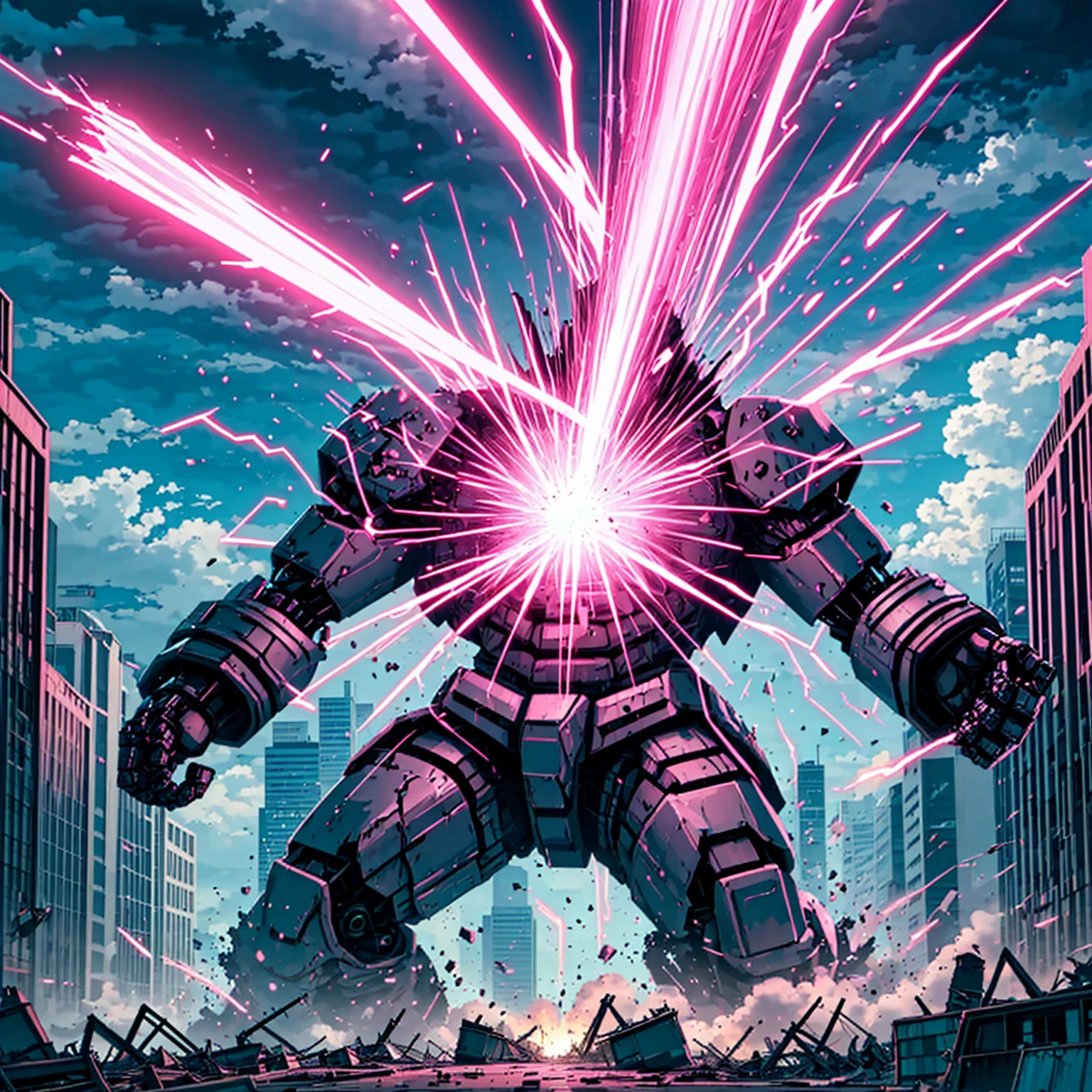 <lora:LCM_LoRA_Weights_SD15:1>,masterpiece,best quality,highly detailed,buildings,giant evil robot,
BREAK
<lora:monsterDamagedBeam:0.6>,beam,damaged,destruction,pink beam,(((giant monster being damaged by giant pink beam,one pink beam hits monster ,wilderness))),shattered pink beam,