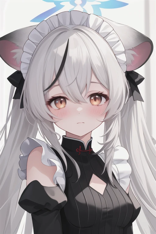 best quality, masterpiece, highres, solo, {maid:1.40}, {long maid dress:1.15}, {chunyuan:1.15}, long_hair, animal_ears, black_hair, grey_hair, multicolored_hair, halo, streaked_hair, blush, bangs, breasts, small_breasts, brown_eyes, very_long_hair, striped, vertical_stripes, hair_between_eyes