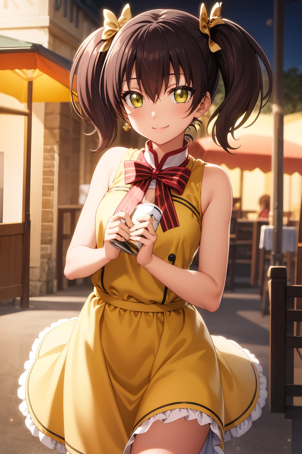 looking at viewer, smile, best quality, 1girl, solo, looking at viewer, bangs, black hair, hair between eyes, twintails, yellow eyes, hair bow, outdoor background, bow, dress, frills, hair ornament, skirt, solo, standing, yellow bow, yellow skirt kochou_wang,, (RAW photo, best quality), masterpiece, an extremely delicate and beautiful, extremely detailed, 2k wallpaper, Amazing, finely detail, extremely detailed CG unity 8k wallpaper, ultra-detailed, highres, soft light, beautiful detailed girl, extremely detailed eyes and face, beautiful detailed nose, beautiful detailed eyes, cinematic lighting, perfect anatomy, beautiful body, light smile