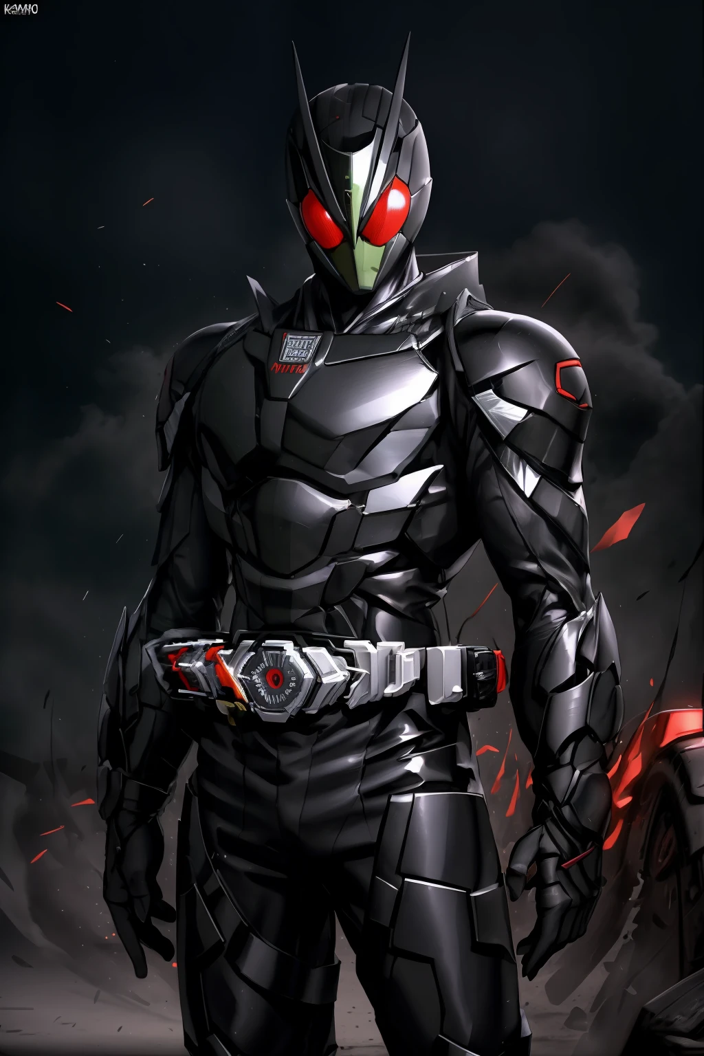 ((best quality)), absurdres, ((ultra high res)), kamen rider zero one, a man in a black costume, extremely detailed, realistic, 8k, masterpiece, <lora:rider-20:0.7>