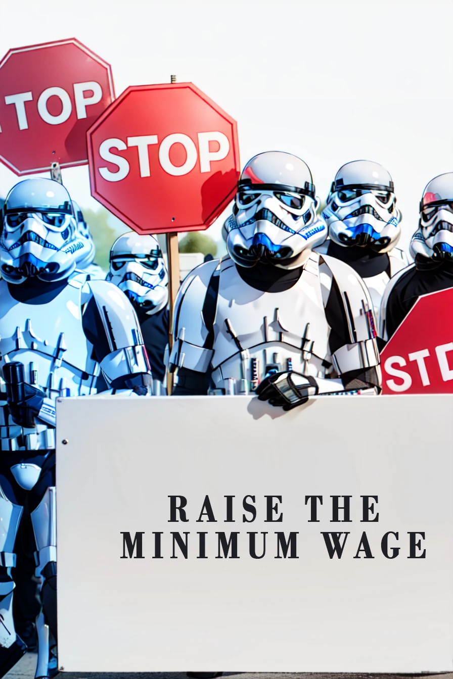 <lora:CONCEPT-StormTrooper:0.8> StormTrooper, (white armor), (white helmet) <lora:yomama_holding_stop_sign_v2-10:0.8> yomama_holding_stop_sign <lora:people_count_slider_v1:1.5> 10+ people protest, holding signs, <lora:Shadow_clone-09:0.8> shadow clone, clone, holding a board