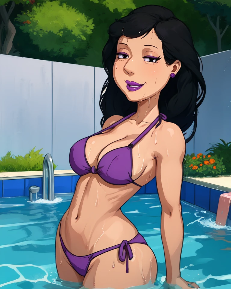 bonnie,black hair,black eyes,lipstick,
small purple earrings,purple bikini,cleavage,navel,
smile,toned,from below,thick,
standing,back yard,pool,wet,large breasts,
(insanely detailed, beautiful detailed face, masterpiece,best quality),<lora:Bonnie:0.7>,
