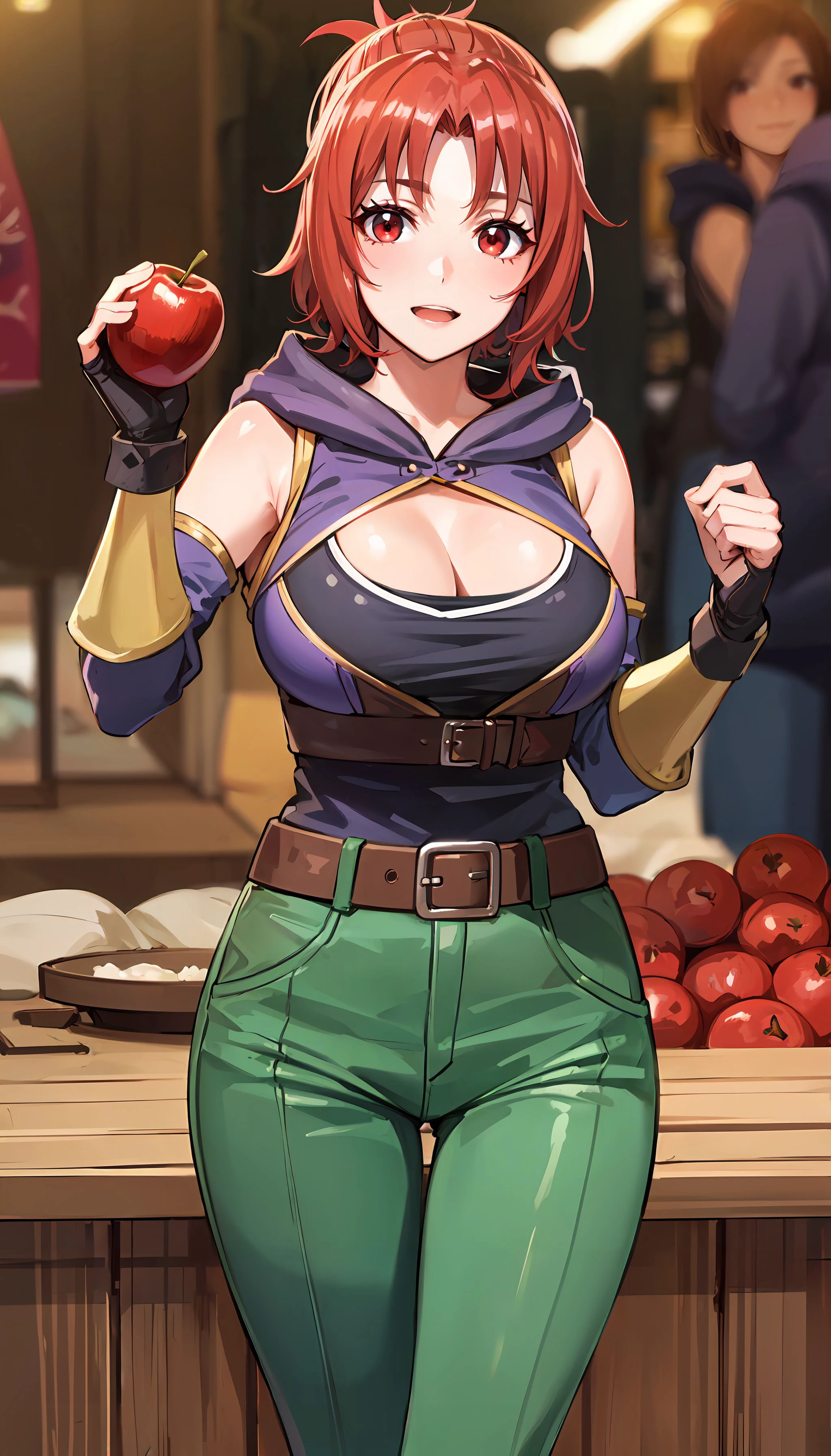 photorealistic, (4k), depth of field, (Masterpiece), (realistic skin texture), extremely detailed, intricate, hyper detailed, professional photography, bokeh, high resolution, sharp detail, best quality, woman, short ponytail, red hair, red eyes, (purple top:1.3), cleavage cutout, shoulder cutout, hood down, green pants, fingerless gloves, leather belt,  <lora:Toa-000004:0.7> ,  <lora:GoodHands-vanilla:0.8> , legs apart , (medieval market stall:1.5), cobblestone bath, happy, eating an apple,