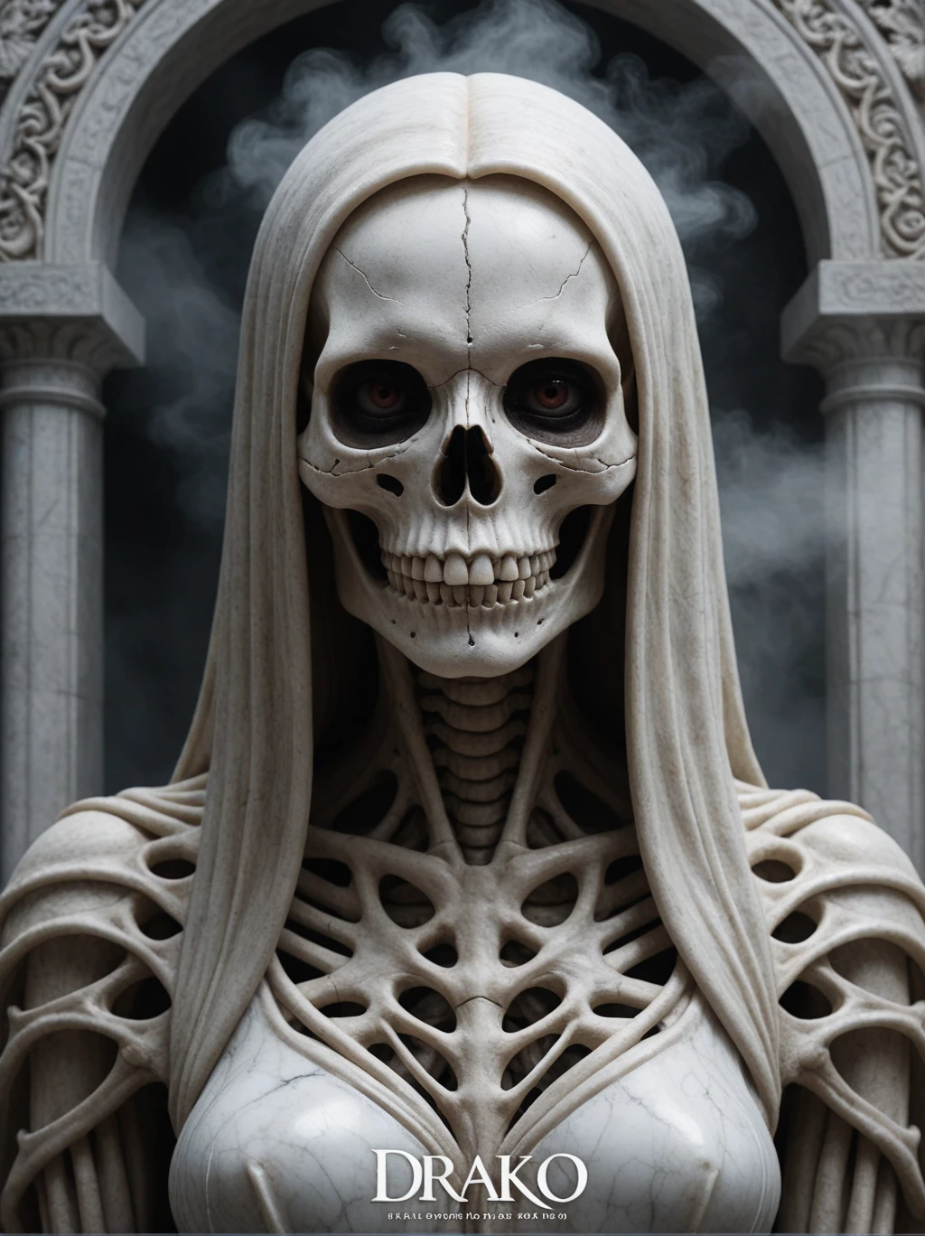 (movie poster with title and text graphics:1.3) (under the title banner text logo "D\R\A\K\O":1.5), ultra detailed marble sculpture of a female necromancer, skeleton face volumetric fog, Hyperrealism, breathtaking, ultra realistic, ultra detailed, cyber background, cinematic lighting, highly detailed, breathtaking, photography, stunning environment, wide-angle