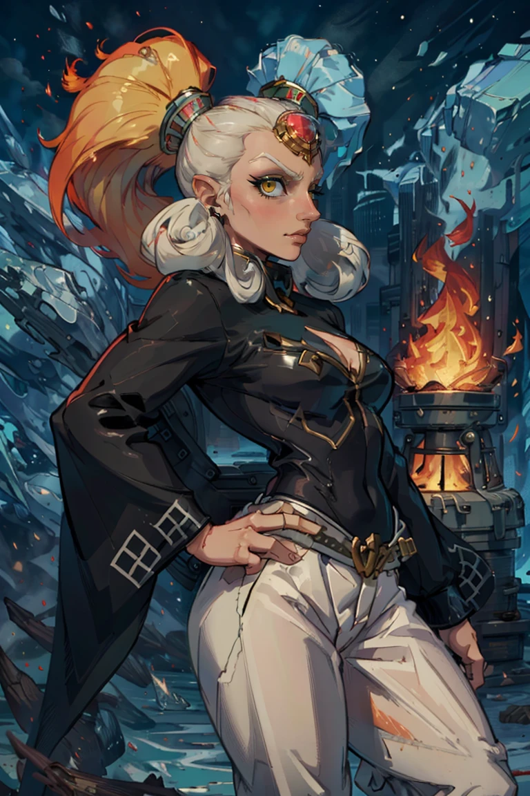 ((masterpiece,best quality)), absurdres,
<lora:Twinrova_v2:0.7>, Twinrova, fire hair, ice hair, twintails, green skin, white pants, yellow eyes,
smug, cowboy shot, looking at viewer,
side view, hand on hip,