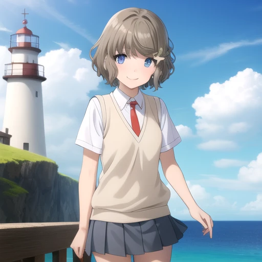 ((masterpiece)),(best quality),official art,extremely detailed CG,unity 8k wallpaper,ultra detailed,A lighthouse on a cliff by the sea,1girl,solo,cowboy shot,grey_skirt,short_hair,sweater_vest,school_uniform,white_socks,white_shirt,brown_hair,pleated_skirt,short_sleeves,hair_ornament,looking_at_viewer,smile,hairclip,blush,bangs,grey_eyes,blue_eyes,red_necktie,<lora:Koga Tomoe(sby)>,