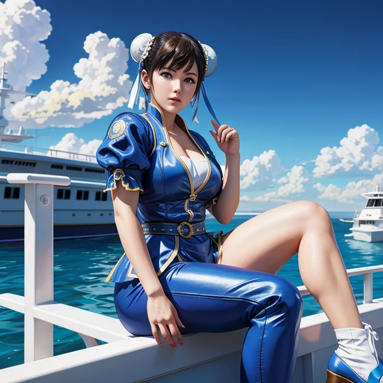 anime artwork of <lora:Chun-Li SD1.5:1.2>
Chun-Li a woman in a blue outfit is sitting on a boat, anime style, key visual, vibrant, studio anime, highly detailed