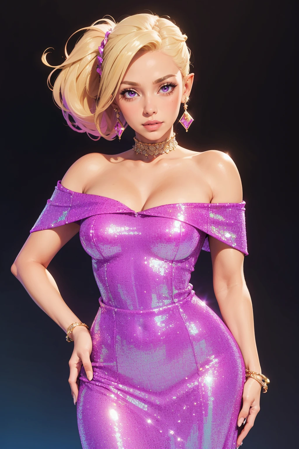 masterpiece, best quality, 1girl,  <lora:age_slider_v6:2>  <lora:detail_slider_v4:2> mag3ntadress, magenta dress, dress, bare shoulders, off shoulder, off-shoulder dress, long dress, glittery, simple background,   <lora:mag3ntadr3ss:0.7> updo, blonde hair,