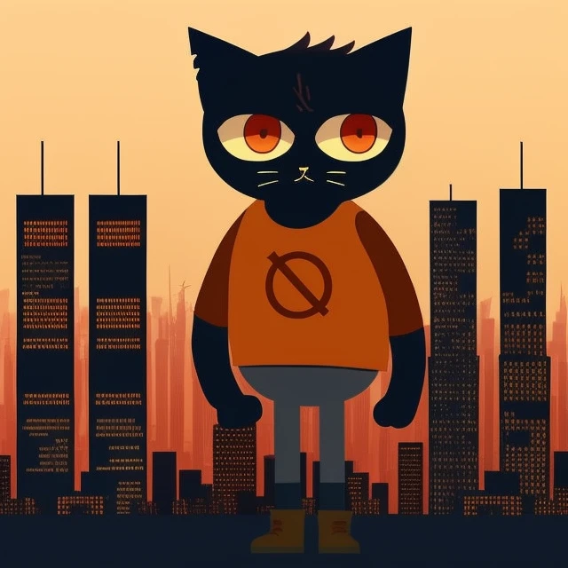 <lora:Mae Borowski:0.7> cat, with, shirt, red, cartoon, eyes, giant, city towers