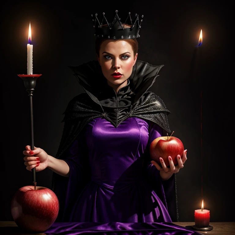 Hyperrealistic art of <lora:Evil Queen SD1.5:1.2>
Evil Queen a cartoon of a woman dressed as a evil queen purple dress holding a red apple with 1candle in background in dark room, Extremely high-resolution details, photographic, realism pushed to extreme, fine texture, incredibly lifelike