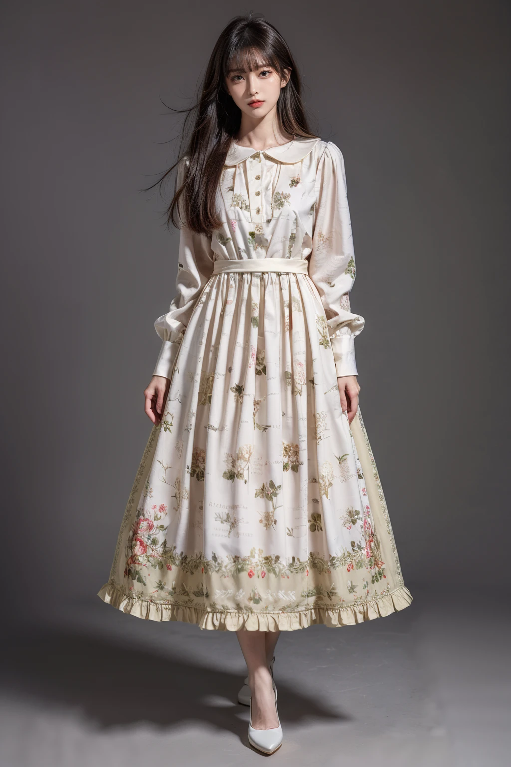 best quality, masterpiece, photorealistic, 1girl, solo, long straight hair, looking at viewer, full body, standing , cyb dress, long sleeves, long dress, floral print, white high heels, simple background, <lora:add_detail:1>, <lora:beautiful_dress_collection_vol1_style2:0.7>