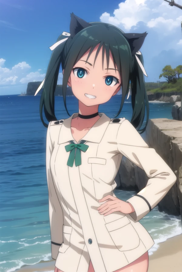 francescalucchini, <lora:francesca lucchini anime-lora-nochekaiser:1>,
francesca lucchini, black hair, ribbon, animal ears, twintails, (green eyes:1.3), hair ribbon, choker, fang, cat ears, cat girl, smile, grin,
BREAK uniform, military, military uniform,
BREAK outdoors, ship, ocean, sun, sky, clouds,
BREAK looking at viewer, (cowboy shot:1.5),
BREAK <lyco:GoodHands-beta2:1>, (masterpiece:1.2), best quality, high resolution, unity 8k wallpaper, (illustration:0.8), (beautiful detailed eyes:1.6), extremely detailed face, perfect lighting, extremely detailed CG, (perfect hands, perfect anatomy),