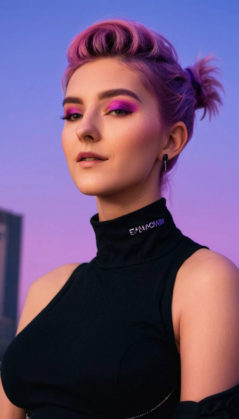 neonpunk style portrait photograph of evaelfie, upper body sunset, updo hair, flash photograph, high contrast <lora:Eva_Elfie_SDXL:0.9> . cyberpunk, vaporwave, neon, vibes, vibrant, stunningly beautiful, crisp, detailed, sleek, ultramodern, magenta highlights, dark purple shadows, high contrast, cinematic, ultra detailed, intricate, professional