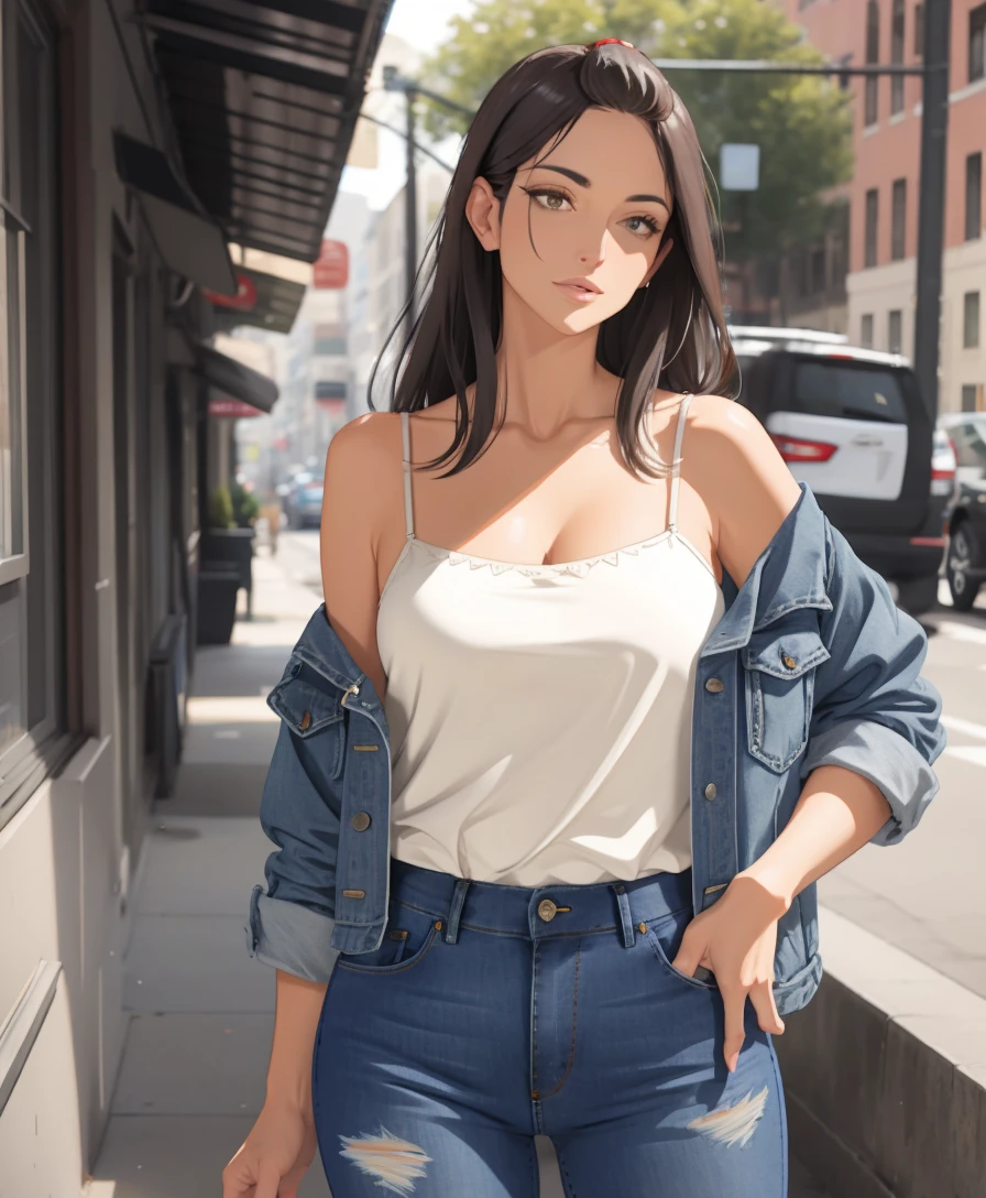 mature female, bangs pinned back,  camisole, jeans, thighs, long hair, 
<lora:bangs-pinned-back-08:1>