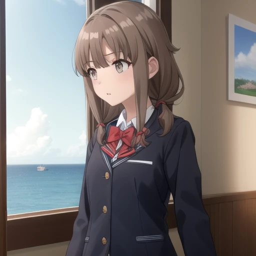 ((masterpiece)),(best quality),official art,extremely detailed CG,unity 8k wallpaper,ultra detailed,A lighthouse on a cliff by the sea,1girl,solo,upper body,(portrait:1.2),brown_hair,collared_shirt,school_uniform,sidelocks,low_twintails,brown_eyes,red_bow,black_jacket,white_shirt,red_skirt,red_bowtie,blazer,plaid_skirt,long_sleeves,pleated_skirt,long_hair,white socks,loafers,<lora:Azusagawa Kaede(sby)>,