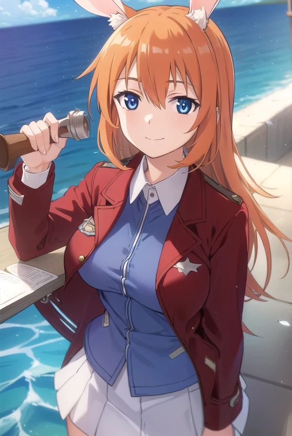 charlotteyeager, <lora:charlotte yeager anime-lora-nochekaiser:1>,
charlotte yeager, long hair, smile, blue eyes, animal ears, orange hair, rabbit ears, rabbit girl, smile,
BREAK shirt, white shirt, collared shirt, jacket, (red jacket:1.5), long sleeves,
BREAK outdoors, ship, ocean, sun, sky, clouds,
BREAK looking at viewer, (cowboy shot:1.5),
BREAK <lyco:GoodHands-beta2:1>, (masterpiece:1.2), best quality, high resolution, unity 8k wallpaper, (illustration:0.8), (beautiful detailed eyes:1.6), extremely detailed face, perfect lighting, extremely detailed CG, (perfect hands, perfect anatomy),