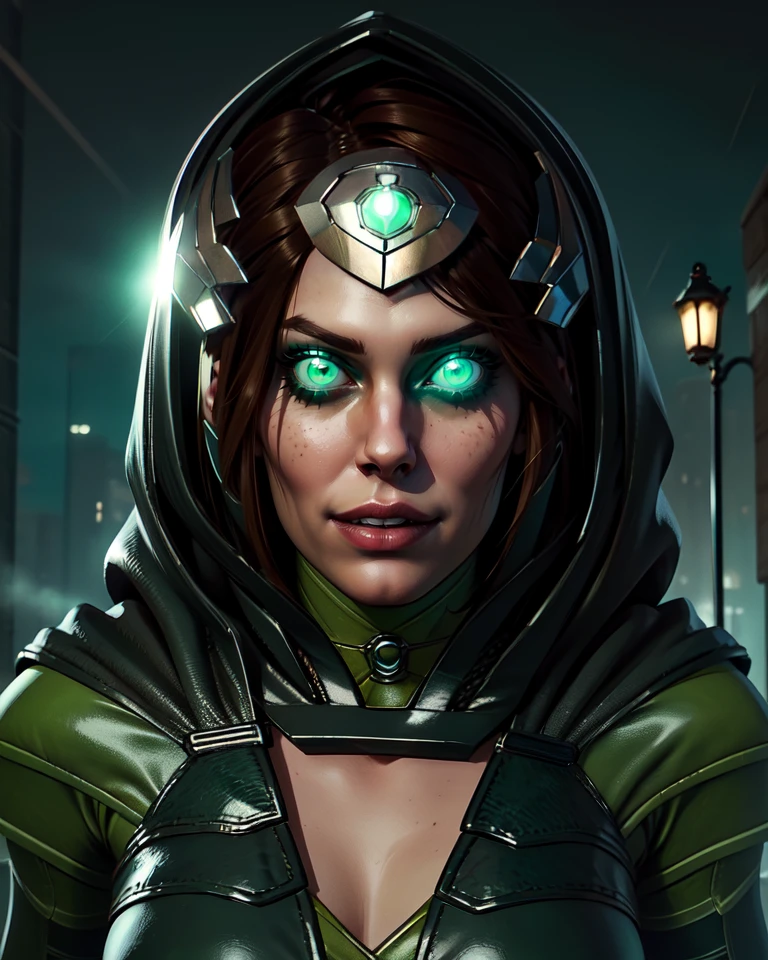 enchantress,green eyes,brown hair,hood,tiara,glowing eyes,
green and black bodysuit,cleavage cutout,
looking at viewer,standing,upper body,
gotham city,night,streets,
(grin:0.5),
(insanely detailed, beautiful detailed face, masterpiece, best quality),<lora:enchantress-10IJ2v8:0.5>,