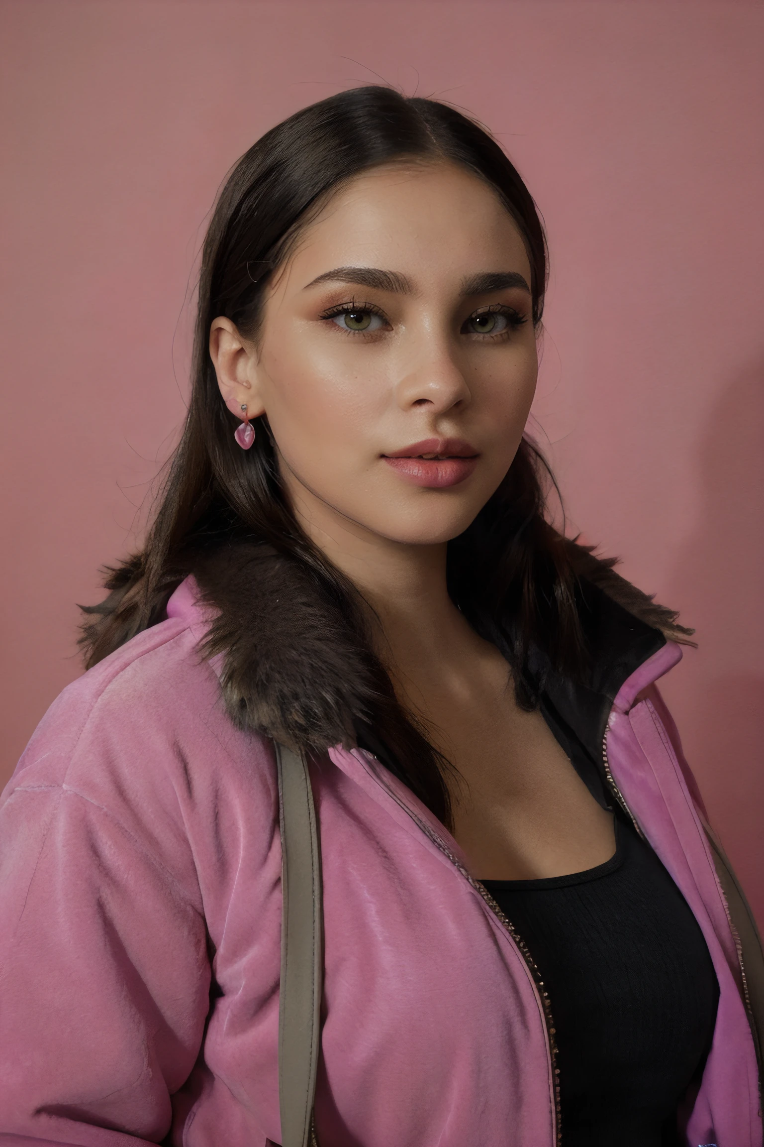 priscilla quintana with smooth skin, long hair, light green eyes, eyeliner, eyelashes, pink lips, lipstick,
wearing fur jacket, long earrings,
(upper body), white backdrop with bright lighting,
<lora:PriscillaQuintana_(V1.2):0.7>