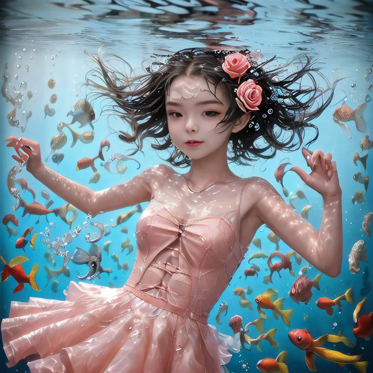 <lora:l4NYs[i:1>,the girl is dancing,underwater,the little fish swam around her  With a rose in his left hand.,absurdres,