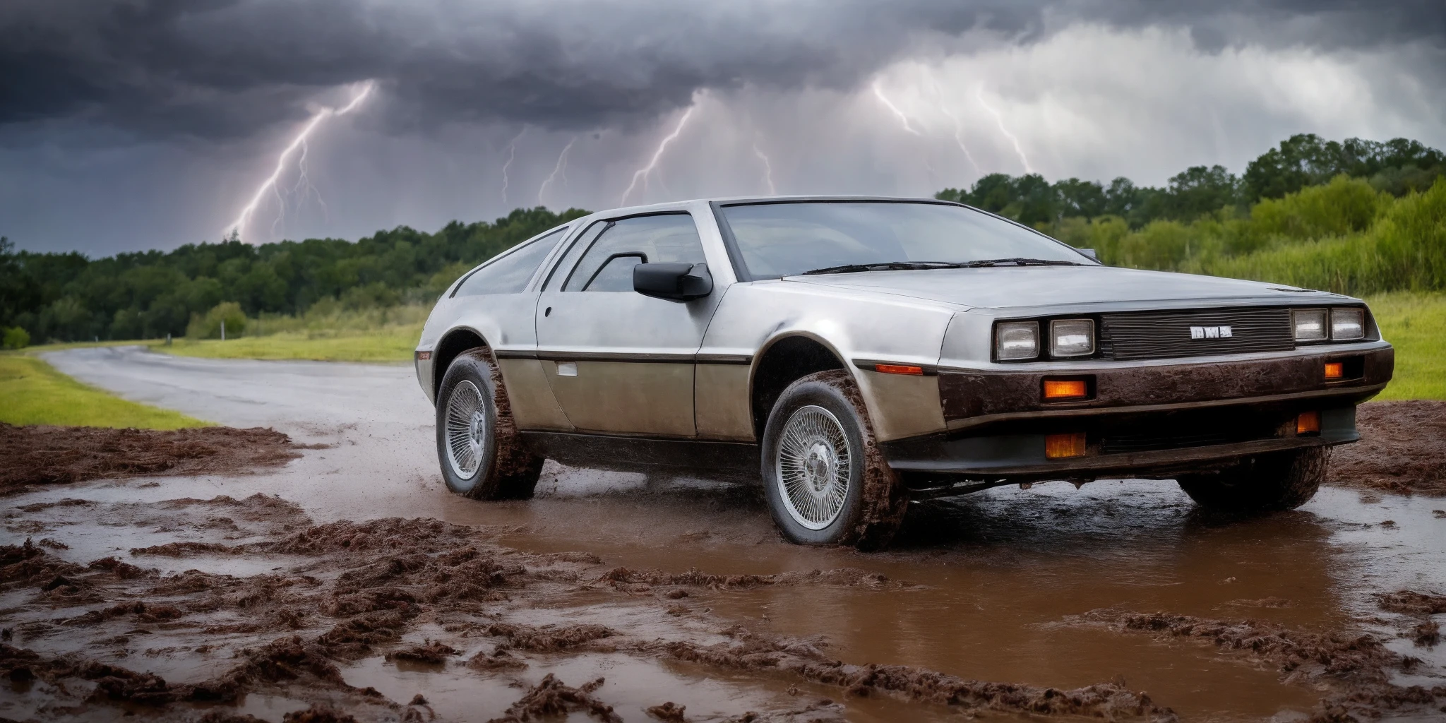 DMC12,best quality, 4k, 8k, ultra highres, raw photo in hdr, sharp focus, intricate texture, photograph of dmc12 car <lora:dmc12-000006:0.65> red body, driving through a muddy road, through a thunderstorm in the bayou, masterpiece, award winning, dramatic lighting, sharp focus, smooth, intricate details, 8k wallpaper, trending on artstation <lora:DMC12:0.9>