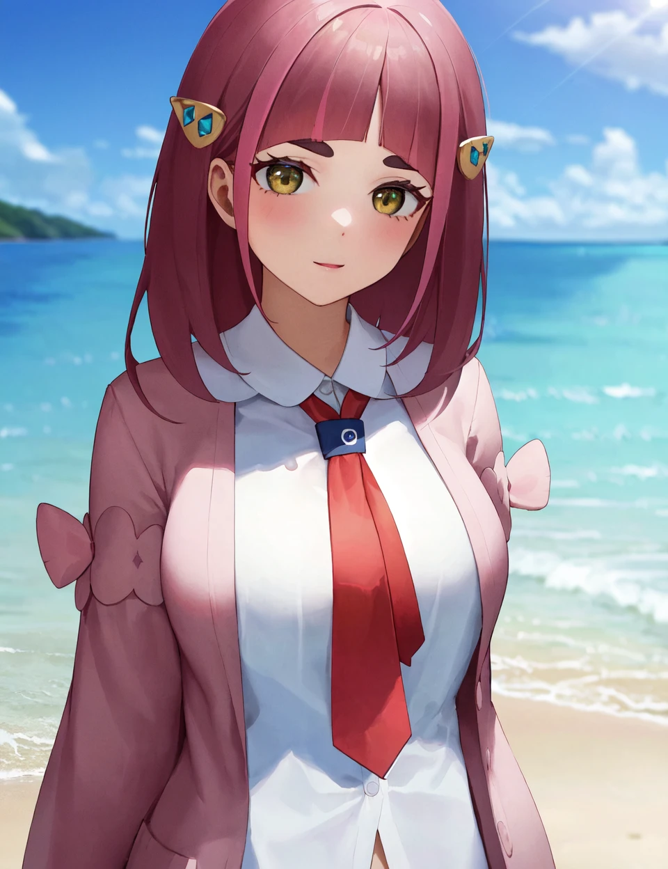 (masterpiece, best quality, hi res:1.2), 1girl, (solo:1.2), pklacey, <lora:Lacey Pokemon (pklacey):0.7>, beach, detailed skin, pink hair, coat, white shirt, open clothes, necktie