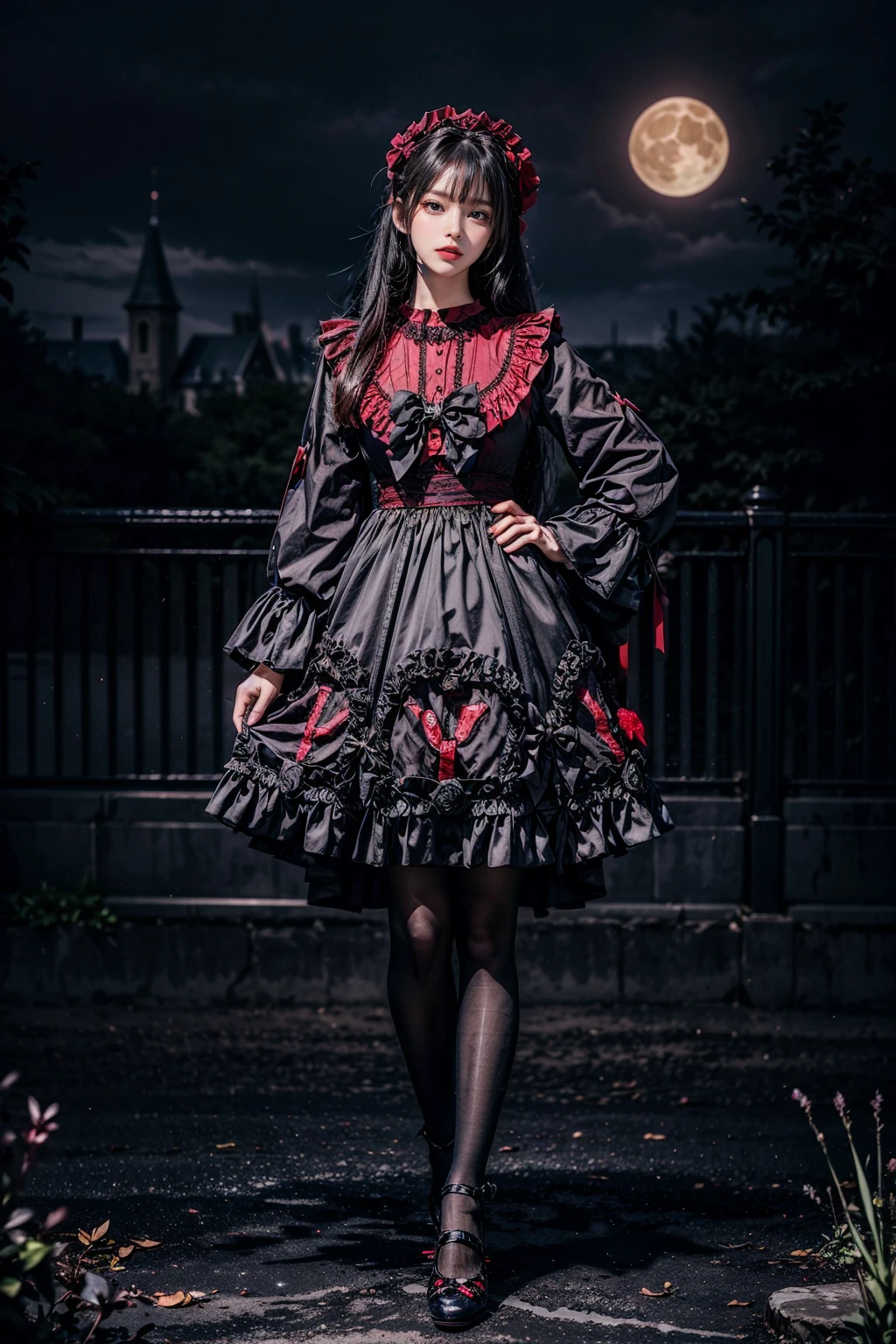 best quality, masterpiece, photorealistic, 1girl, solo, full body, long straight hair, hand on hip, looking at viewer, cyb dress, frilled dress, frills, gothic, bow, long sleeves, pantyhose, red high heels, castle, outdoors, moon, night, light, dark, detailed background, <lora:gothic_attire_style1_v1:0.7>, <lora:add_detail:1>