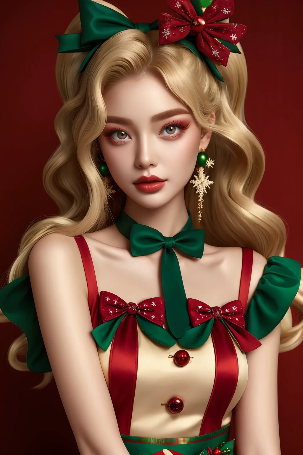 woman, blond dreadlocks, pink eyes, christmas pinup <lora:Christmas Pin up_v1:1>