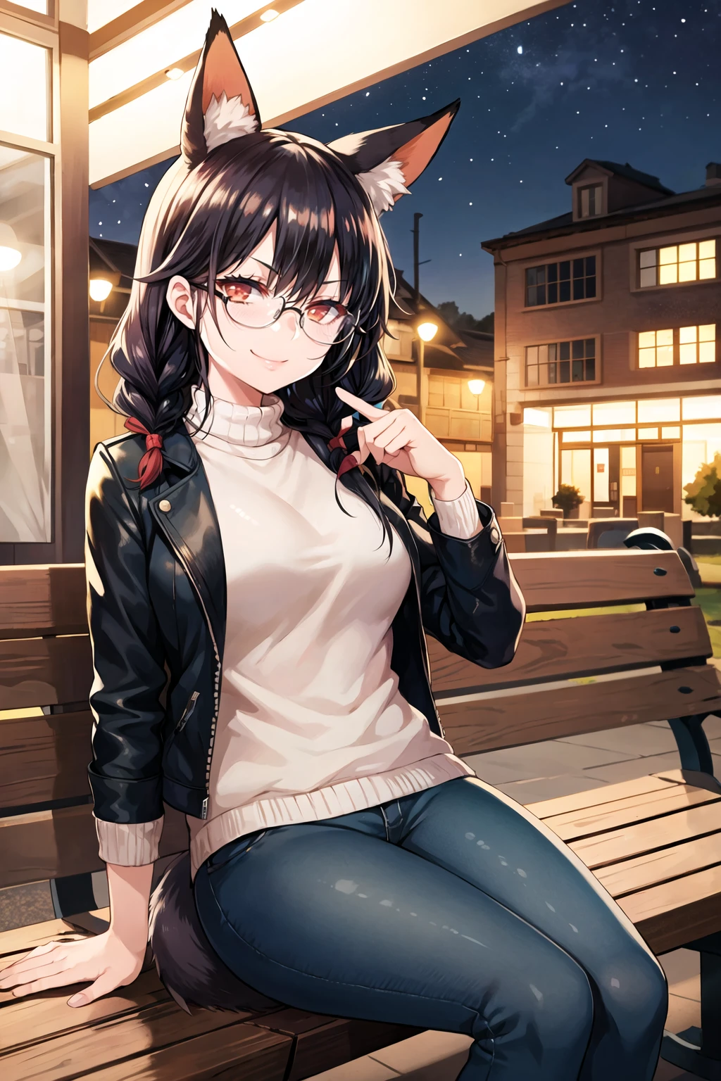 1girl, solo, sidelocks, twinbraids, black hair, red eyes, smug, smirk, glasses, sitting, bench, partk, at night, long hair, white sweater, leather jacket, black jacket, fox girl, fox ears, fox tail, jeans, black tail,thigh strap, skindentation  <lora:Mameko-Style-v1_255884:1>