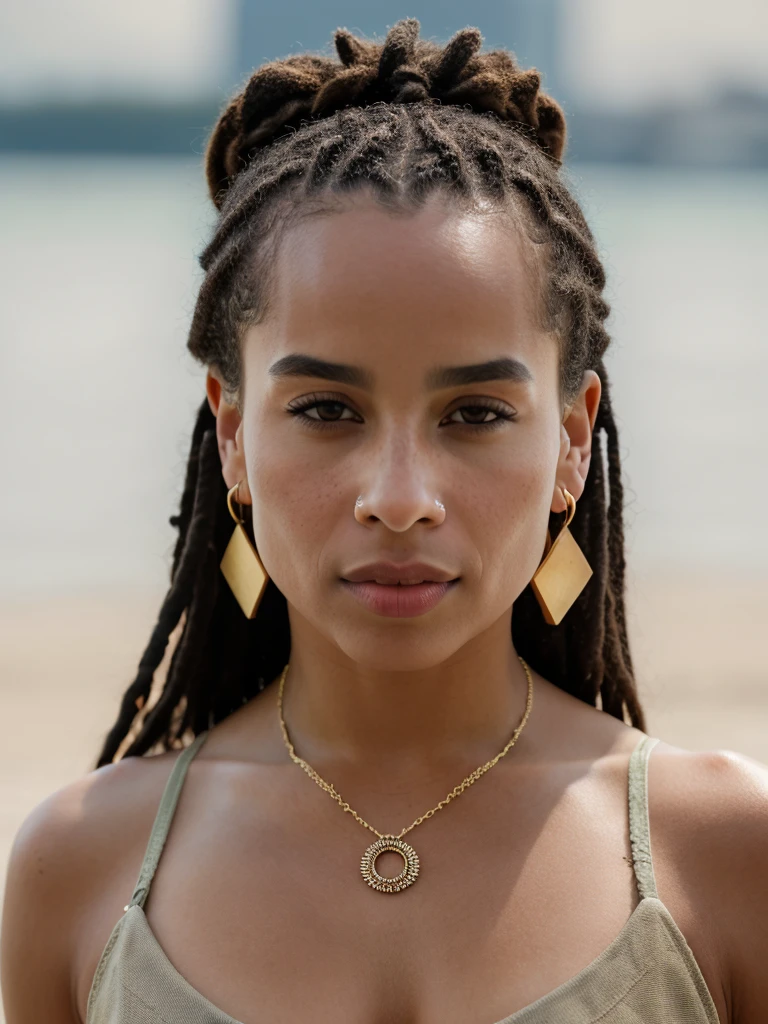 Realistic photo of a beautiful z03k woman,1girl,solo,long hair,looking at viewer,simple background,black hair,white background,cleavage,jewelry,upper body,earrings,parted lips,teeth,dark skin,necklace,mole,dark-skinned female,lips,piercing,ring,mole under mouth,realistic,nose,very dark skin,multiple rings,dreadlocks,mole on cheeks,soft lighting, professional Photography, Photorealistic, detailed, RAW, analog, sharp focus, 8k, HD, high quality, masterpiece<lora:z03k:1.0>