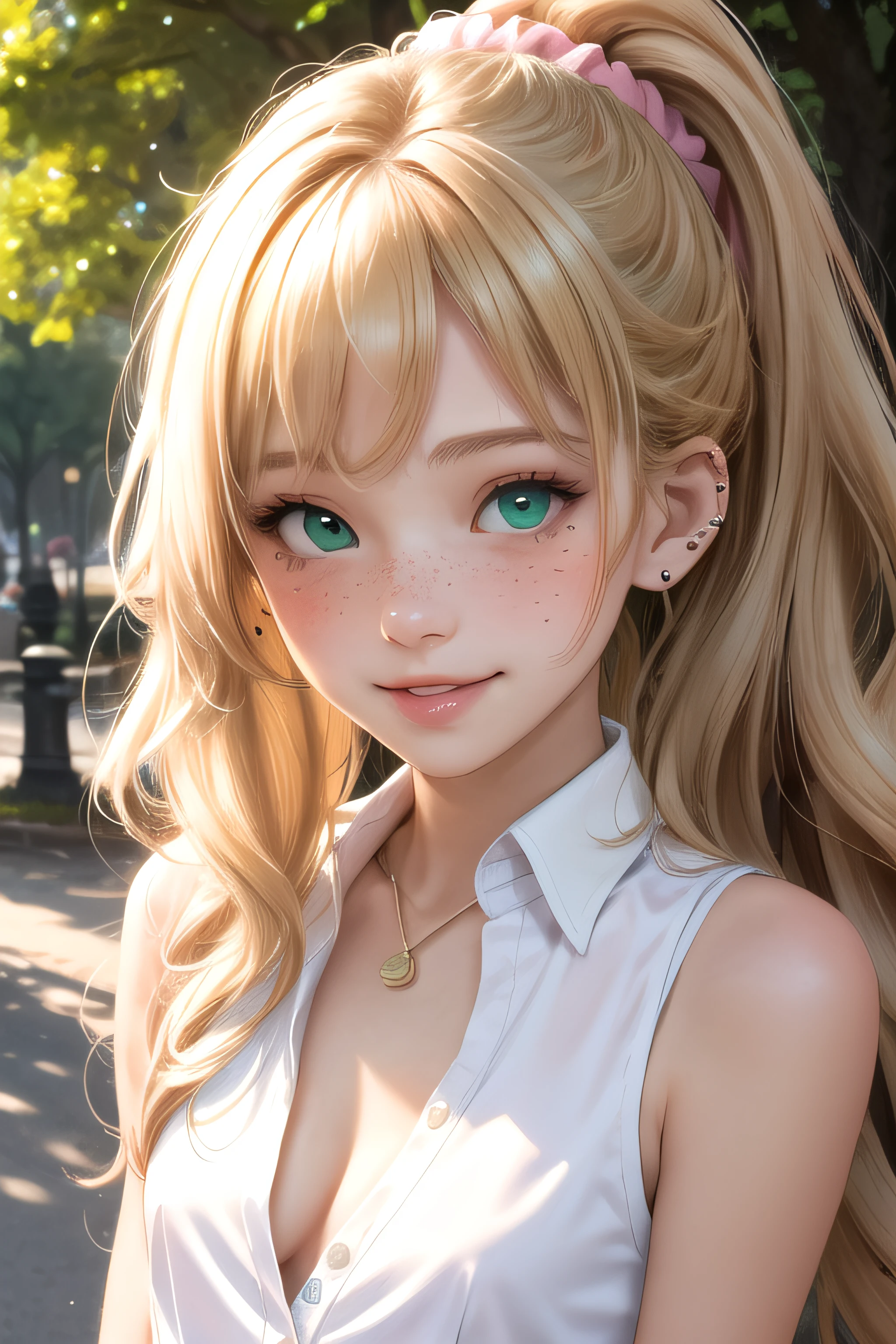 (masterpiece, best quality), 1girl, solo, face, parted lips, looking at viewer, light blush, light smile, pendant, ear piercing, long eyelashes, blonde hair, long wavy hair, high ponytail, asymmetrical bangs, green eyes, freckles, pale skin, outdoors, park, sunlight, pink scrunchie, white collared shirt, sleeveless, cleavage, small perky breasts, sexually suggestive